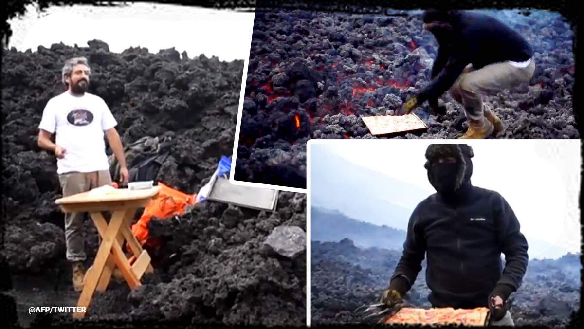 رجل مغامر يطهو بيتزا فوق الحمم البركانية!